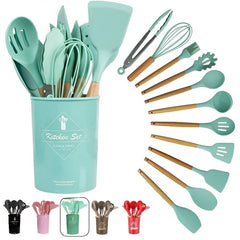 Silicone Kitchen Utensil Set – 12-Piece Non-Stick Cooking Tools with Wooden Handles & Holder- Almost 930+ Grams / ExtraLarge (Mix/Random colours)